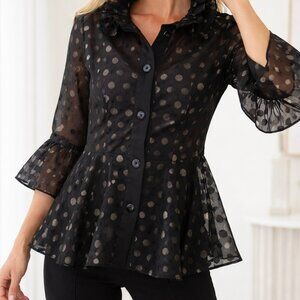 Joseph Ribkoff Black Sheer Polka Dot Button-Front Blouse